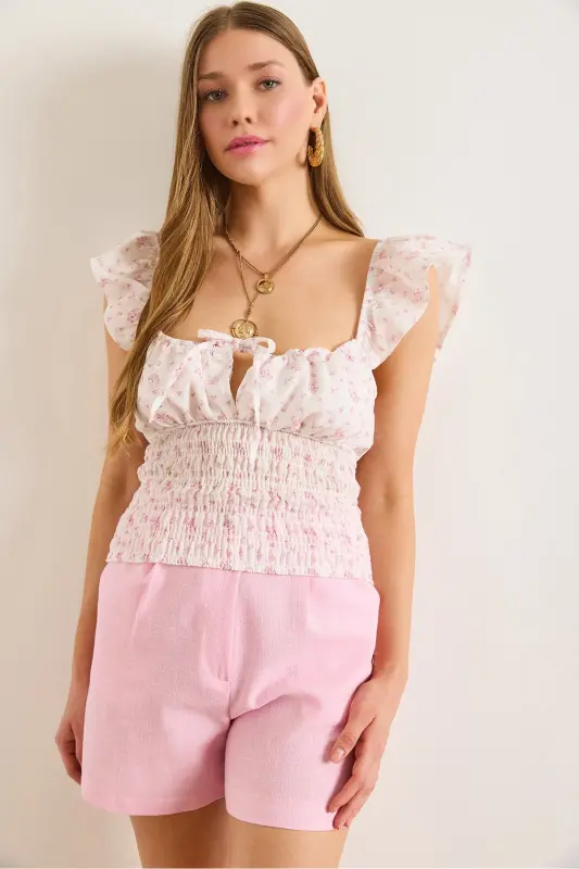 Women's Powder Lace-up Detail Crop Linen Look Blouse BLZ-19002973-Powder - 1