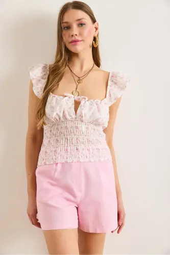 Women's Powder Lace-up Detail Crop Linen Look Blouse BLZ-19002973-Powder - OLALOOK (1)