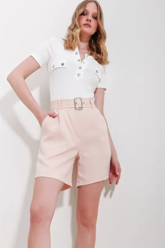 Women's Powder Pink Double Pocket Belted Gabardine Shorts ALC-X11501 - TREND ALAÇATI STILI