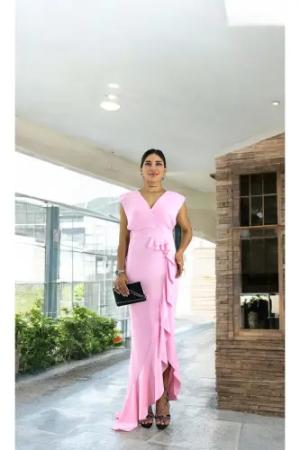 Women's Powder Pink Scuba Fabric Double-Breasted Collar Flounced Hem Evening Graduation Wedding Dress - PINK - 6