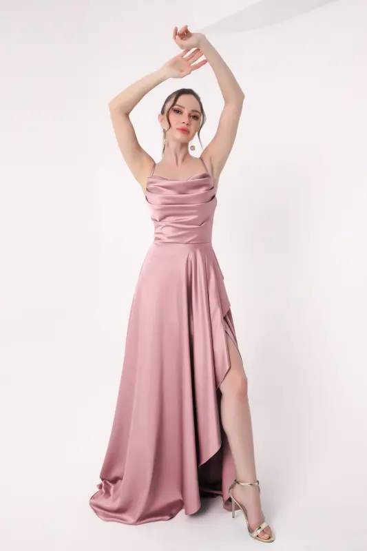 Women's Powder Ruffle Flounce Slit Satin Evening & Graduation Dress-Powder - 3
