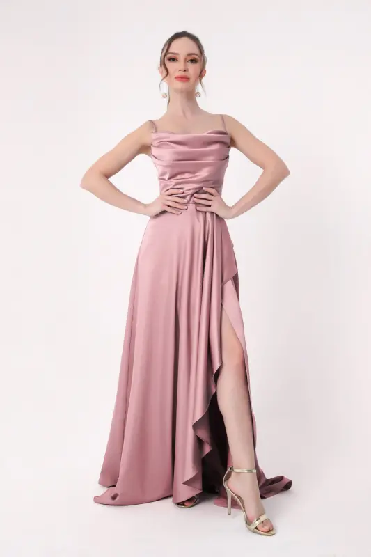 Women's Powder Ruffle Flounce Slit Satin Evening & Graduation Dress-Powder - 4