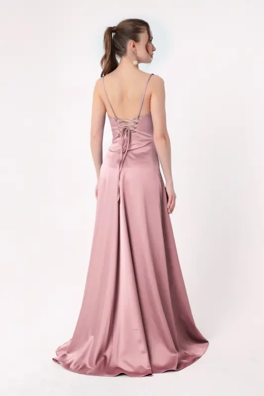 Women's Powder Ruffle Flounce Slit Satin Evening & Graduation Dress-Powder - 5