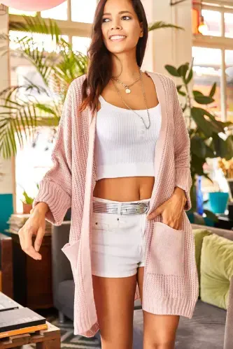 Women's Powder Sleeve Folded Pocketed Slouchy Knit Cardigan HRK-19000123-Powder - Modazone (1)