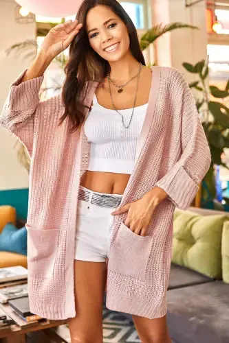 Women's Powder Sleeve Folded Pocketed Slouchy Knit Cardigan HRK-19000123-Powder - 3