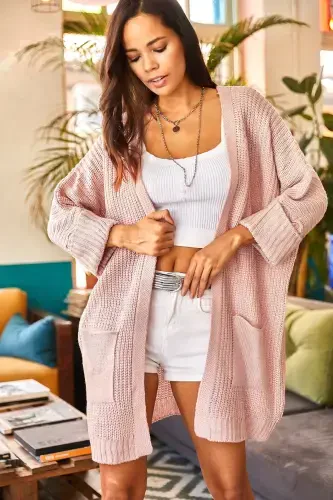 Women's Powder Sleeve Folded Pocketed Slouchy Knit Cardigan HRK-19000123-Powder - 4