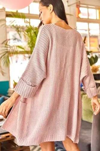 Women's Powder Sleeve Folded Pocketed Slouchy Knit Cardigan HRK-19000123-Powder - 6