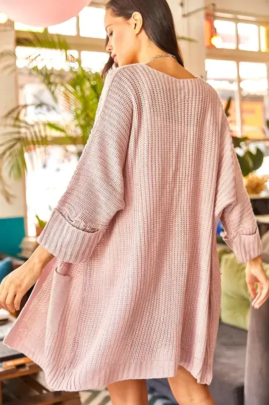 Women's Powder Sleeve Folded Pocketed Slouchy Knit Cardigan HRK-19000123-Powder - 6