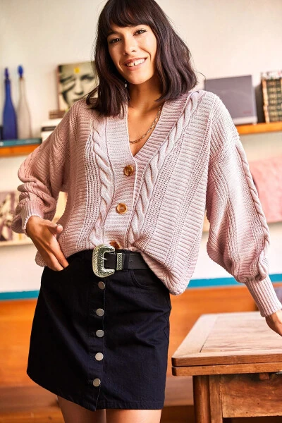 Women's Powdered Bouffant Braid Knit Cardigan HRK-19000082 - 3