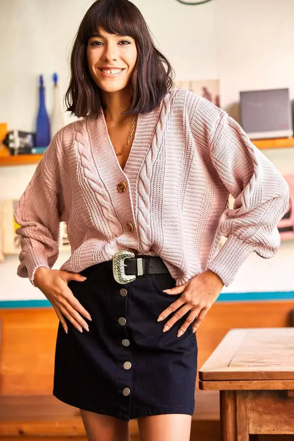 Women's Powdered Bouffant Braid Knit Cardigan HRK-19000082 - 4