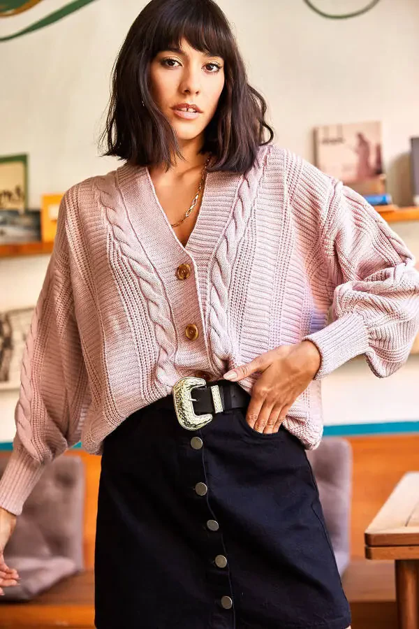 Women's Powdered Bouffant Braid Knit Cardigan HRK-19000082 - 5