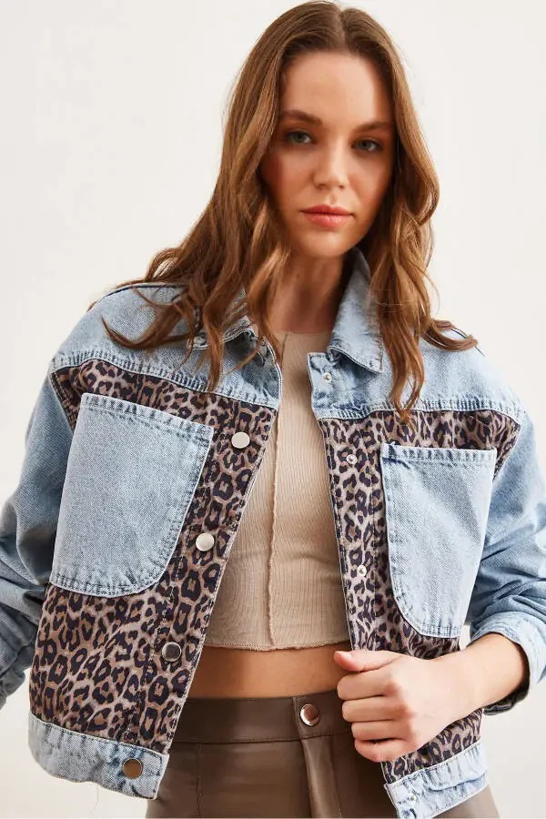 Women's Premium Denim Jacket with Leopard Detail and Blue Pockets - 1