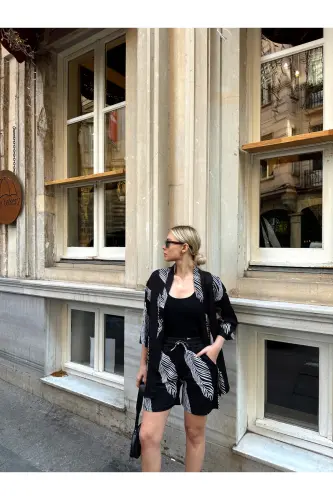 Women's Print Low Shoulder Shorts Kimono Set-blackgray - 3