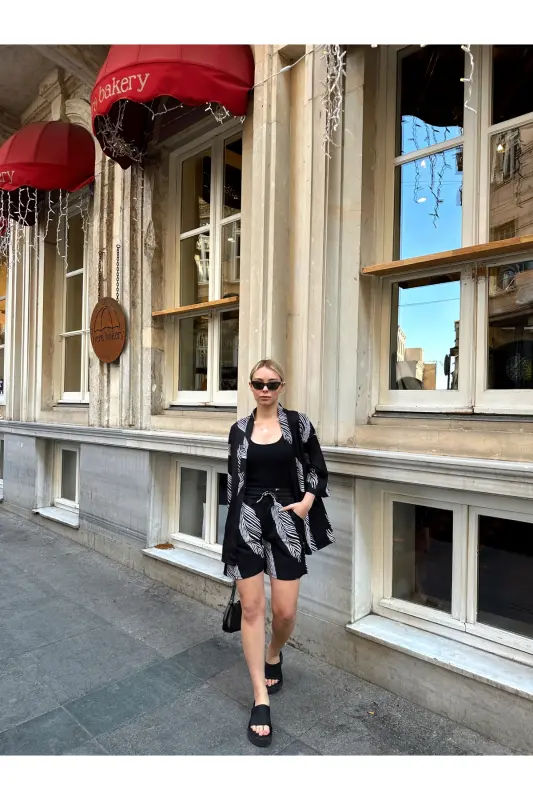 Women's Print Low Shoulder Shorts Kimono Set-blackgray - 7