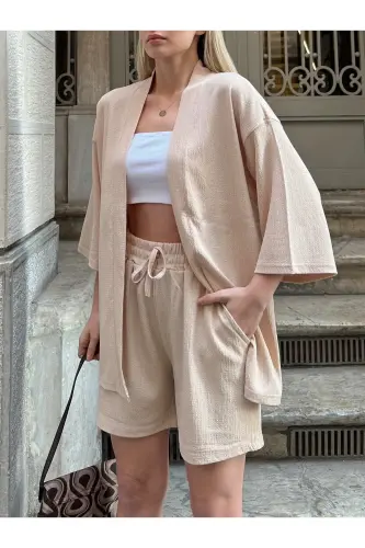 Women's Print Off Shoulder Shorts Kimono Set-beige - AFROGİYİM (1)