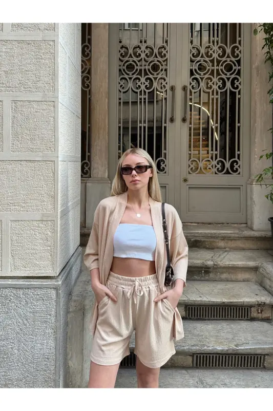 Women's Print Off Shoulder Shorts Kimono Set-beige - 3