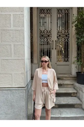 Women's Print Off Shoulder Shorts Kimono Set-beige - 4