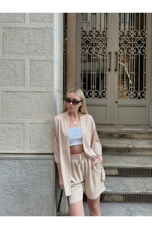 Women's Print Off Shoulder Shorts Kimono Set-beige - 5