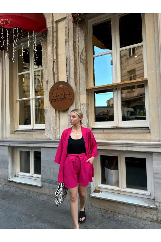 Women's Print Off Shoulder Shorts Kimono Set-pink - 3