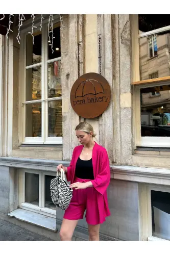 Women's Print Off Shoulder Shorts Kimono Set-pink - 6