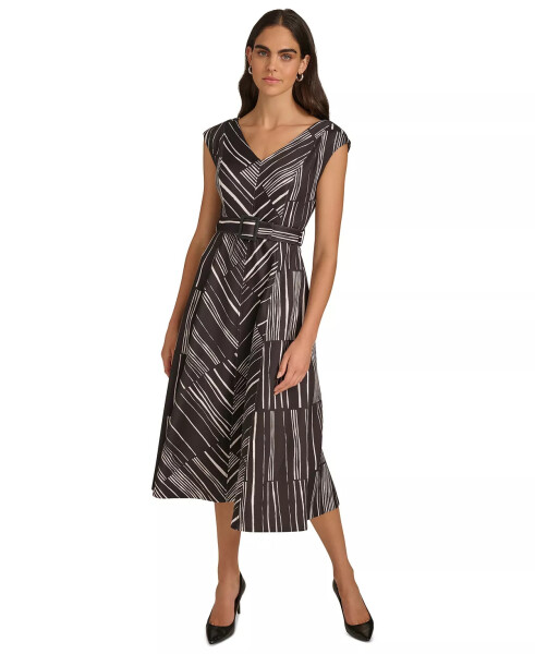 Women's Printed Belted Cap-Sleeve A-Line Midi Dress Black Cream - 1