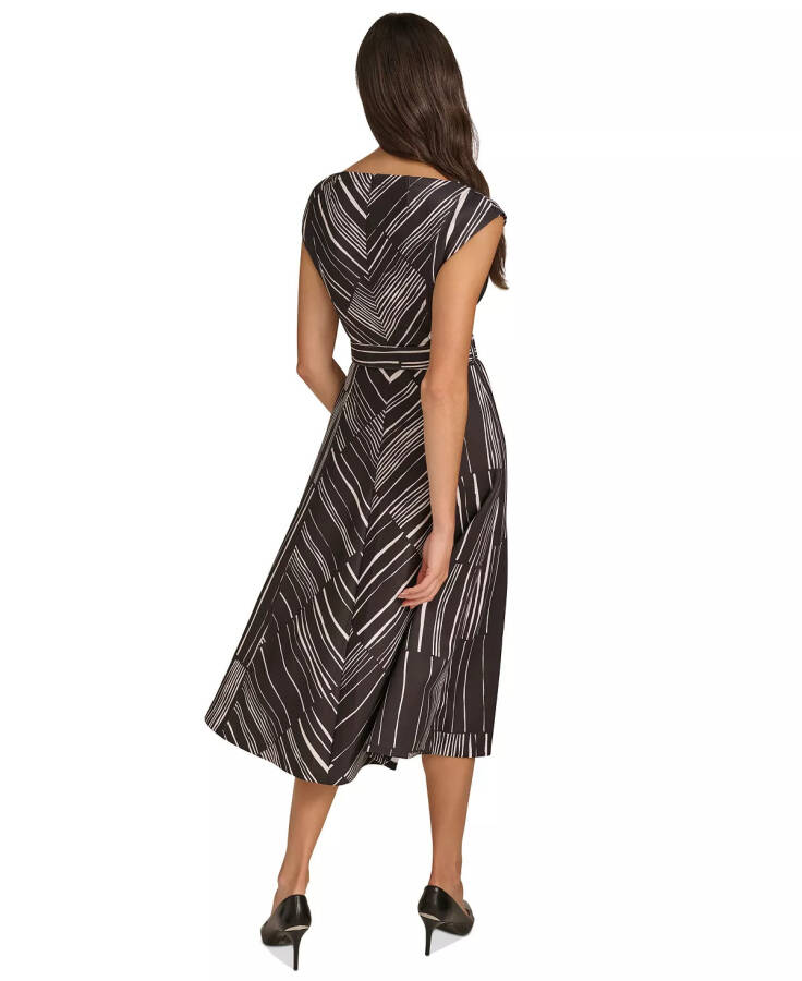 Women's Printed Belted Cap-Sleeve A-Line Midi Dress Black Cream - 2