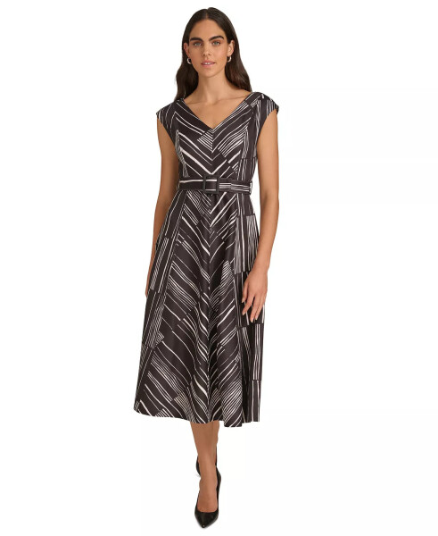 Women's Printed Belted Cap-Sleeve A-Line Midi Dress Black Cream - 3