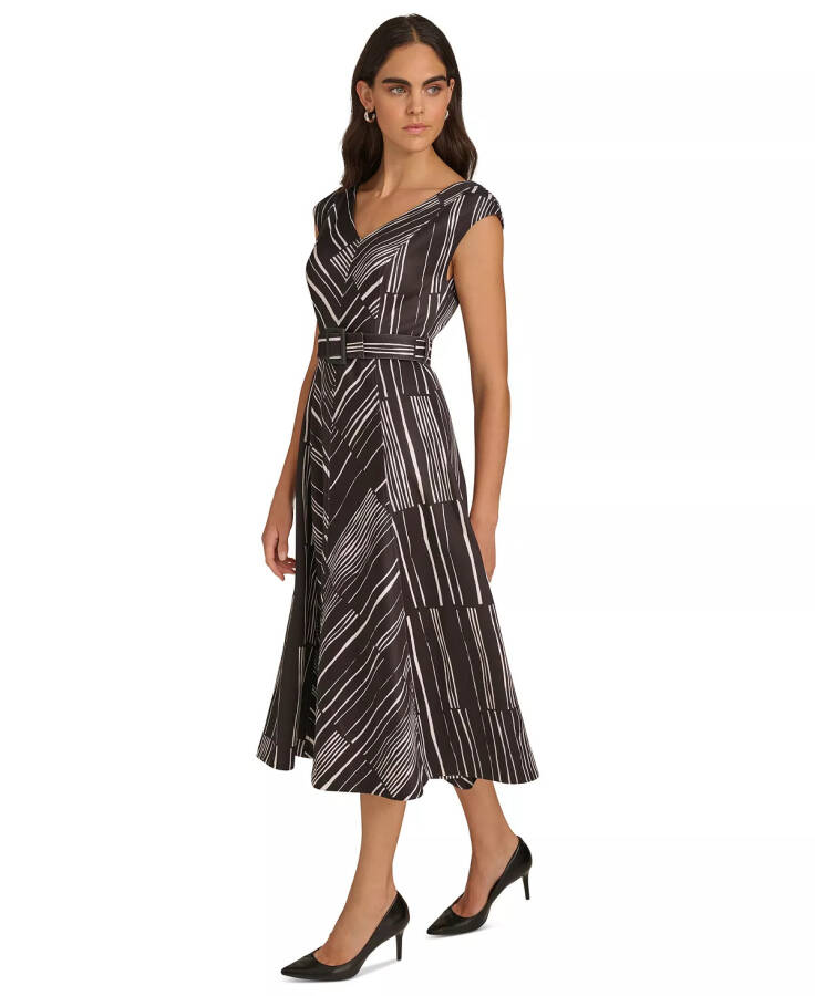 Women's Printed Belted Cap-Sleeve A-Line Midi Dress Black Cream - 4