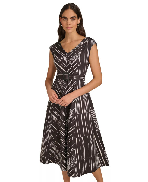 Women's Printed Belted Cap-Sleeve A-Line Midi Dress Black Cream - 6