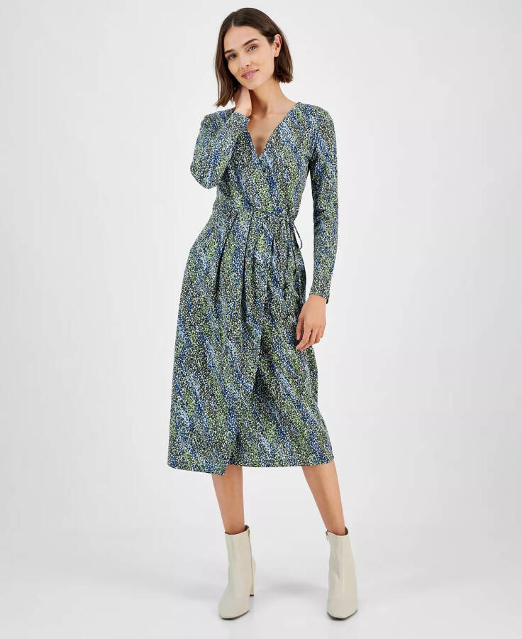 Women's Printed Long-Sleeve Midi Wrap Dress Deep Sea Print - 1