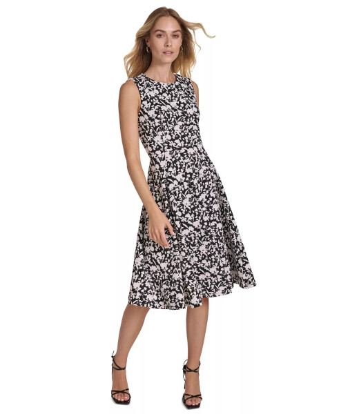 Women's Printed Scuba-Crepe A-Line Dress Black Cream - 1