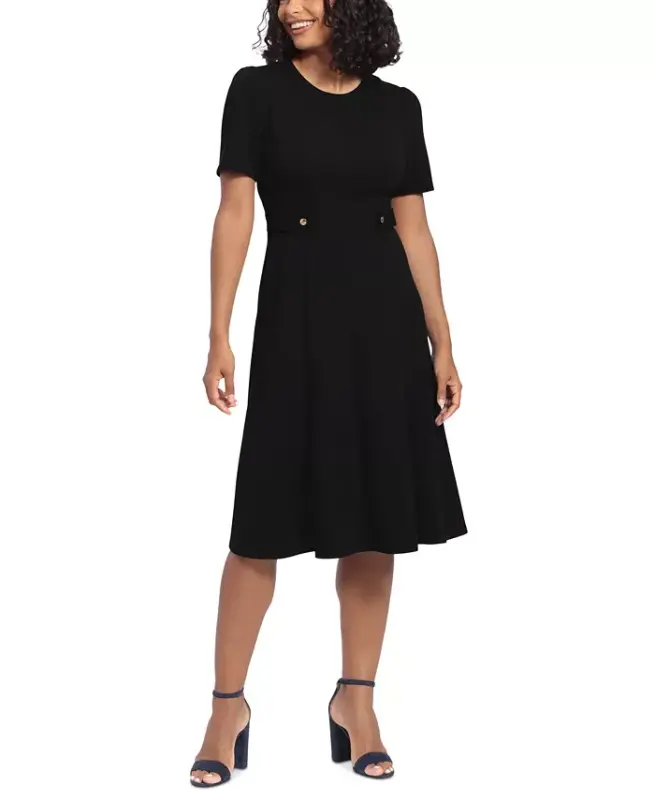 Women's Puff-Sleeve Tab-Detail Fit & Flare Dress-Black - 2