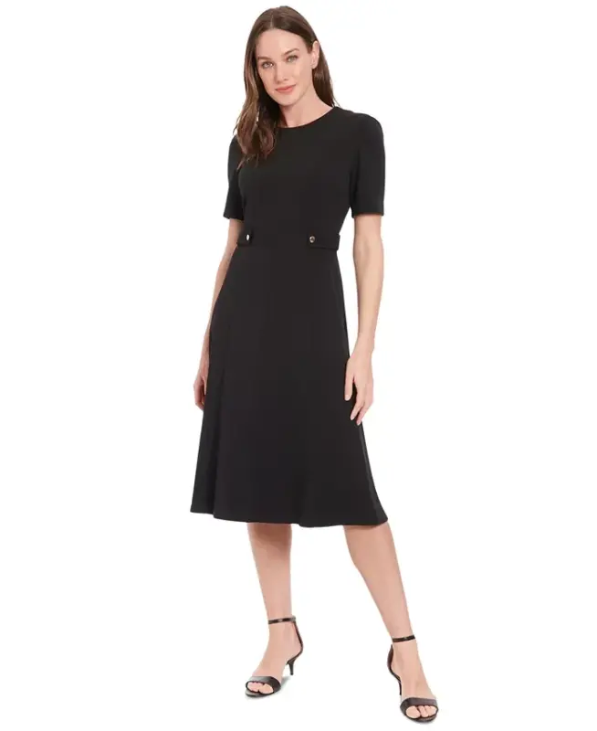 Women's Puff-Sleeve Tab-Detail Fit & Flare Dress-Black - 3