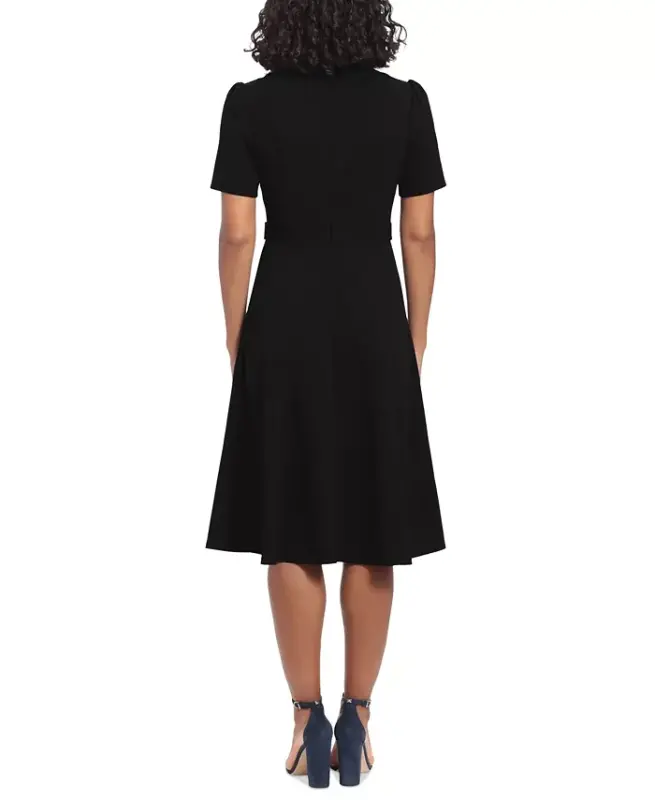 Women's Puff-Sleeve Tab-Detail Fit & Flare Dress-Black - 4