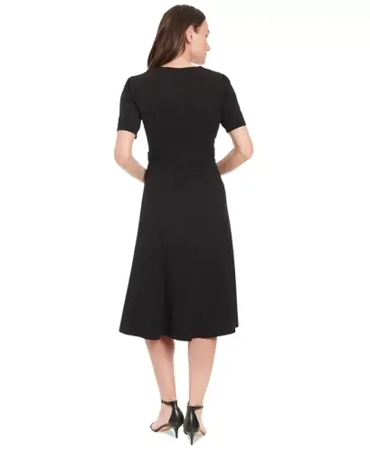 Women's Puff-Sleeve Tab-Detail Fit & Flare Dress-Black - 5
