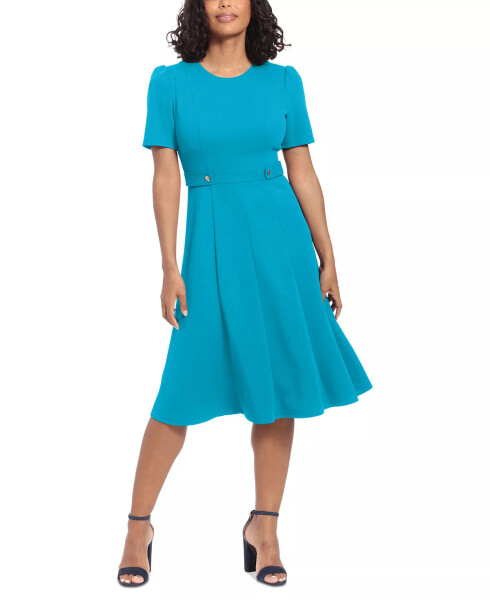 Women's Puff-Sleeve Tab-Detail Fit & Flare Dress Blue Atoll - 1