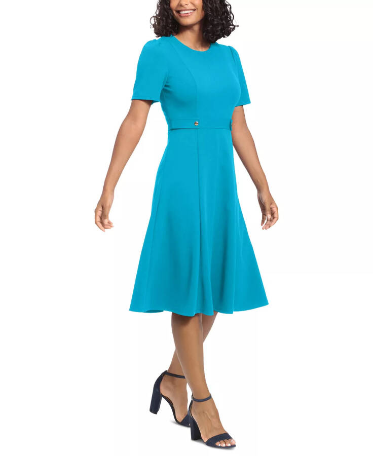 Women's Puff-Sleeve Tab-Detail Fit & Flare Dress Blue Atoll - 3