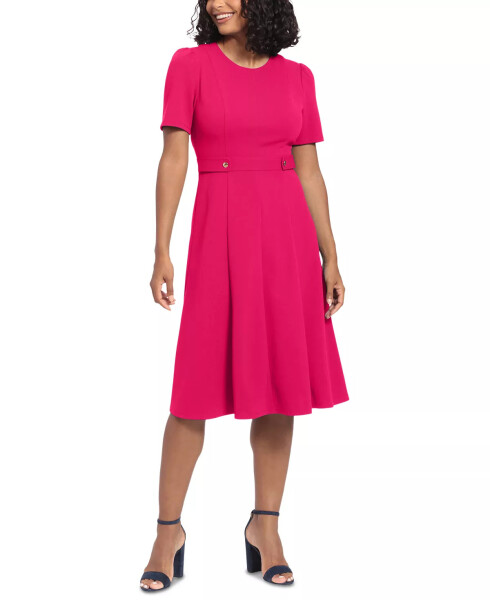 Women's Puff-Sleeve Tab-Detail Fit & Flare Dress Bright Pink - 2