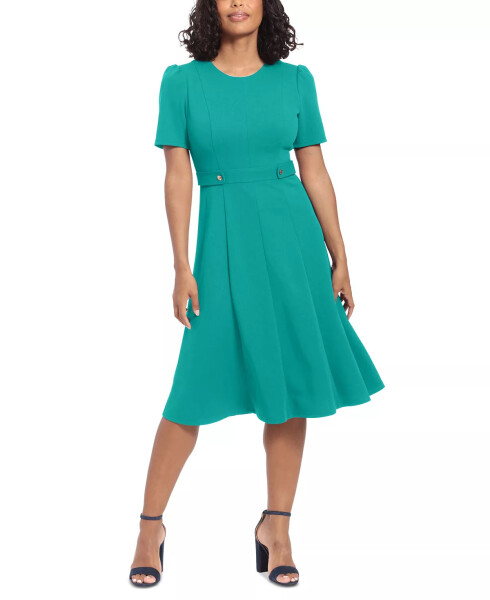 Women's Puff-Sleeve Tab-Detail Fit & Flare Dress Emerald - 1