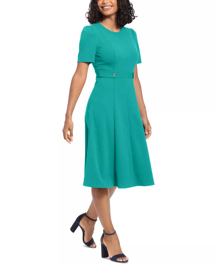 Women's Puff-Sleeve Tab-Detail Fit & Flare Dress Emerald - 3