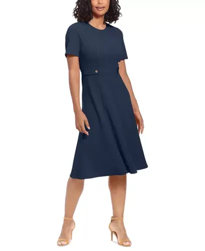 Women's Puff-Sleeve Tab-Detail Fit & Flare Dress - Navy Blazer - LONDON TIMES (1)