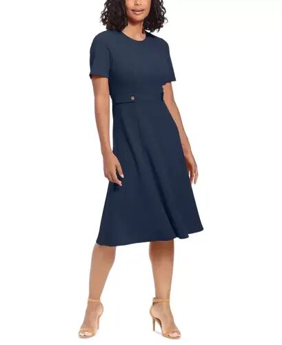 Women's Puff-Sleeve Tab-Detail Fit & Flare Dress - Navy Blazer - London Times (1)