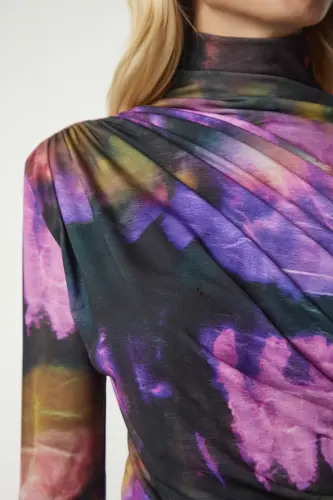 Women's Purple Black Draped Stand-up Collar Sandy Blouse FF00138-Purple Black - 5