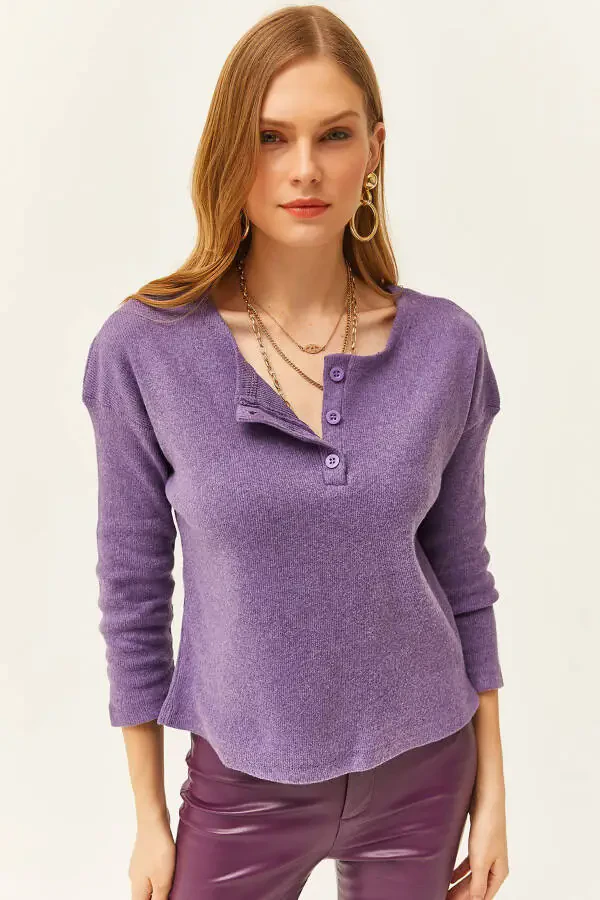 Women's Purple Button Thistle Loose Sweater KZK-19000721 - 1