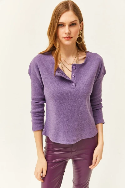 Women's Purple Button Thistle Loose Sweater KZK-19000721 - OLALOOK (1)