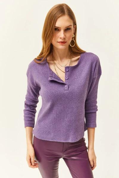 Women's Purple Button Thistle Loose Sweater KZK-19000721 - 3
