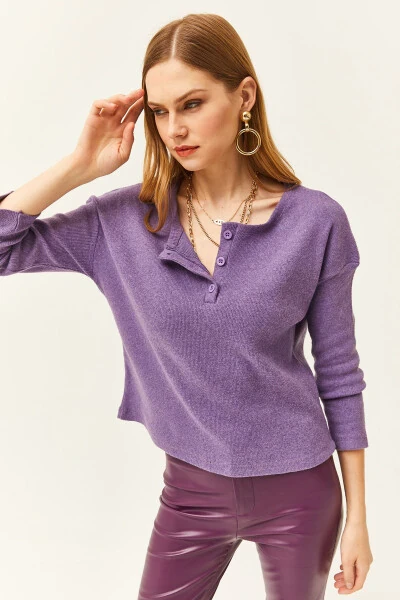 Women's Purple Button Thistle Loose Sweater KZK-19000721 - 4