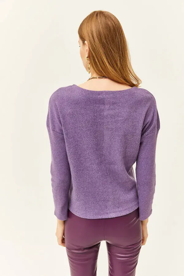 Women's Purple Button Thistle Loose Sweater KZK-19000721 - 5