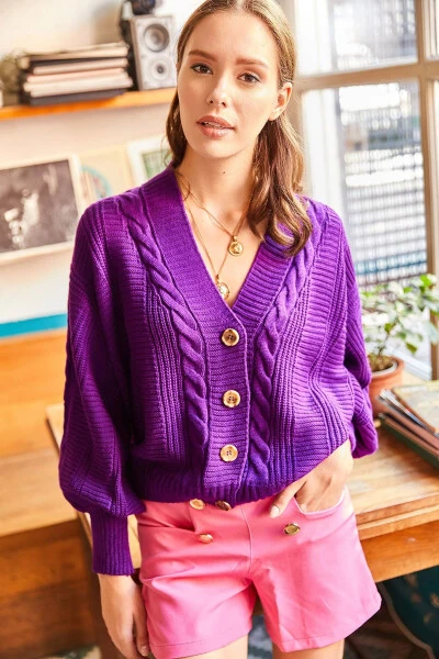Women's Purple Cable Knit Wool Cardigan HRK-19000082 - OLALOOK