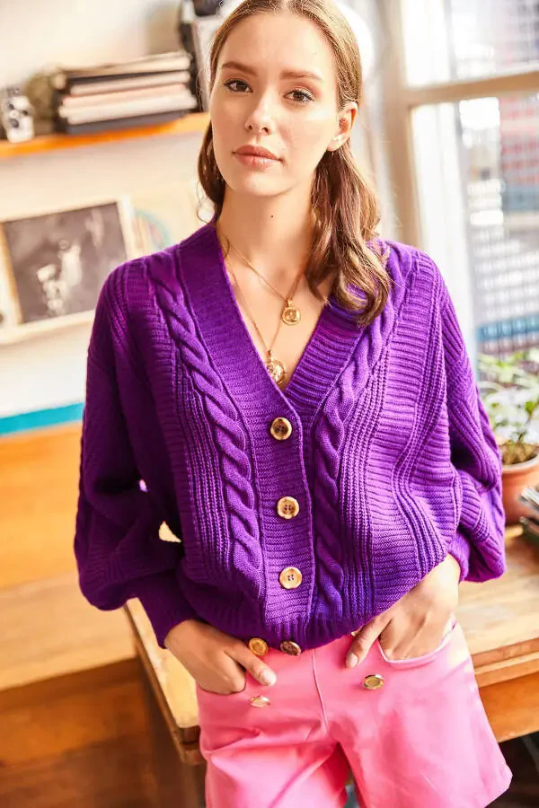 Women's Purple Cable Knit Wool Cardigan HRK-19000082 - 2